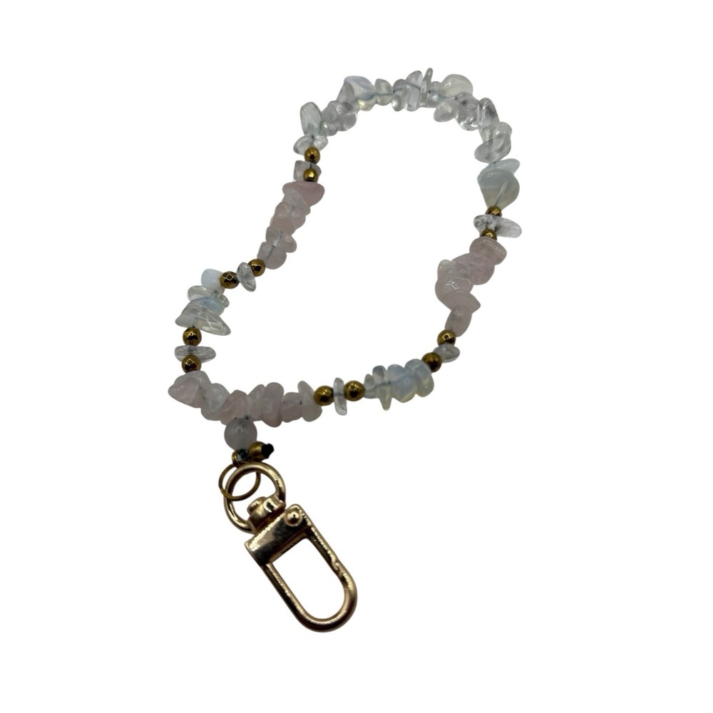 Keychain Fob With Opalite and Rose Quartz Stone Chip Beads Gold Tone Accents